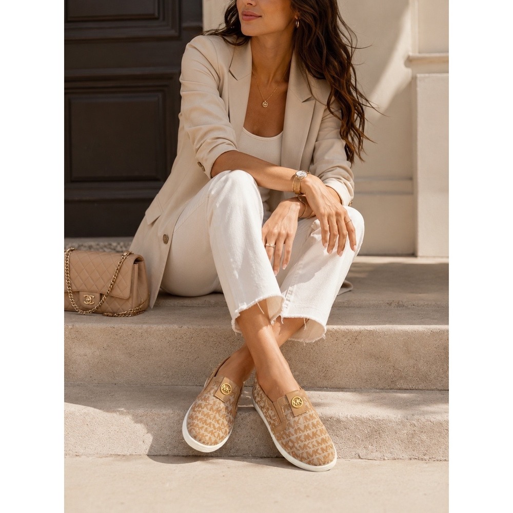Michael Kors Noa Tan Gold Monogram Logo Slip On Sneakers Shoes Womens Size 3 - Picture 1 of 6